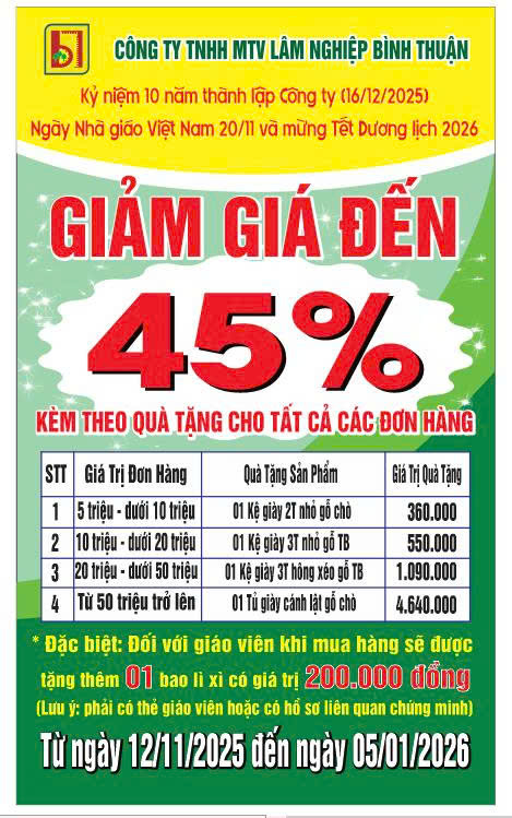 CHƯƠNG TRÌNH KHUYẾN MẠI 2025 ''KỶ NIỆM 10 NĂM THÀNH LẬP CÔNG TY (16/12/2025); NGÀY NHÀ GIÁO VIỆT NAM 20/11 VÀ MỪNG TẾT DƯƠNG LỊCH 2026